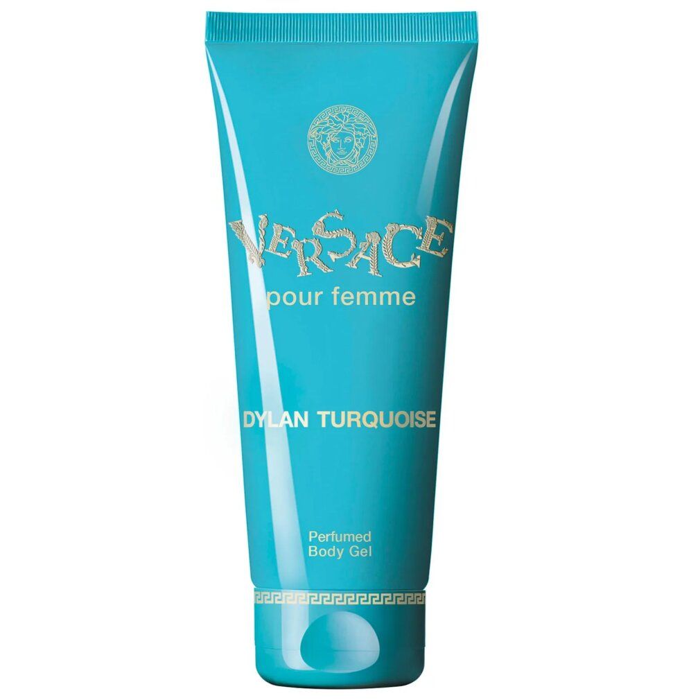 Türkisfarbene Tube. Aufschrift Versace pour femme Dylan Turquoise. Parfümiertes Body Gel. Goldfarbenes Logo.