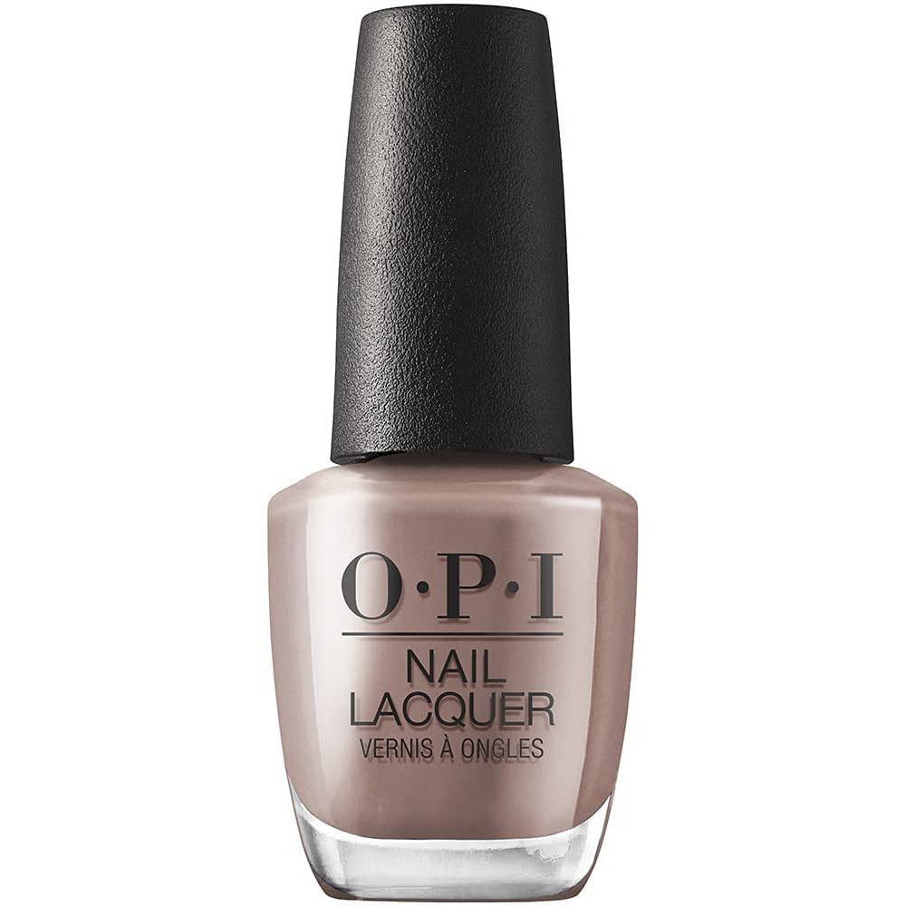 OPI Nagellackflasche. Braun-grauer Nagellack. Schwarzer Deckel. Schriftzug.