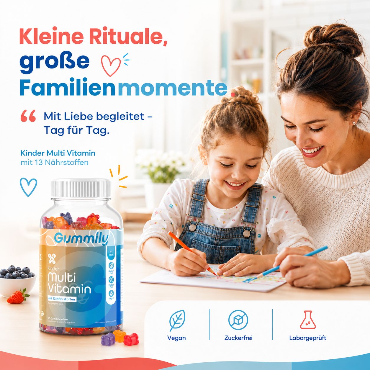 Mutter und Kind malen zusammen, Gummily Multivitamin Flasche daneben.