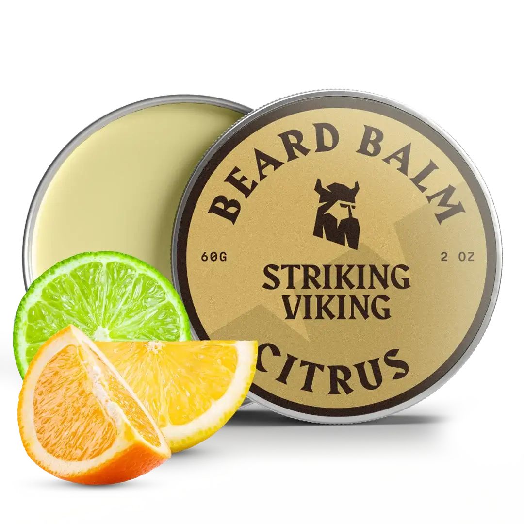 Offene Dose Bartbalsam mit Zitrusfrüchten. Aufschrift: Beard Balm, Striking Viking, Citrus. Dose mit goldfarbenem Etikett.