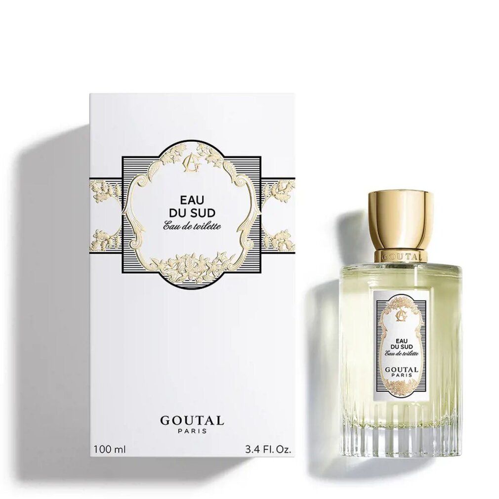 Goutal Paris Eau Du Sud Eau De Toilette Spray und Verpackung. Rechteckige Flasche neben weißer Schachtel mit Text und Verzierungen.