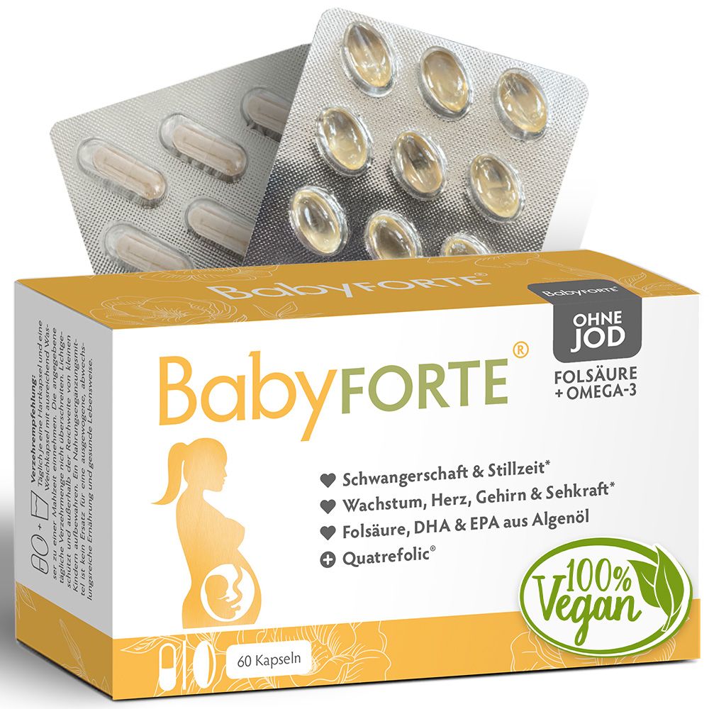 BabyFORTE Verpackung, Blisterpackung mit Kapseln und Omega-3-Tropfen.
