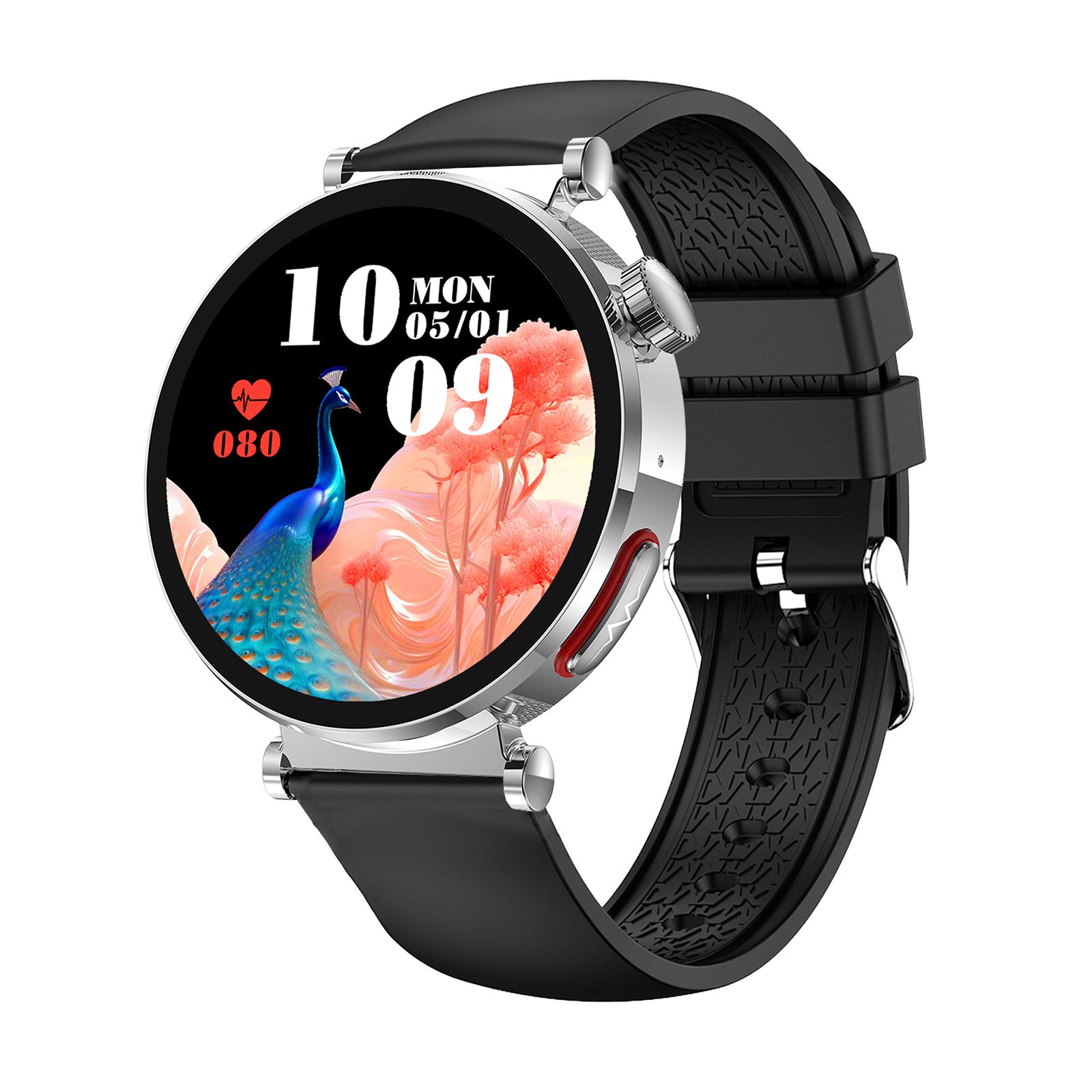 Smartwatch mit rundem Zifferblatt, schwarzem Armband und silbernem Gehäuse. Zifferblatt mit Datum, Uhrzeit und Pfau-Motiv.