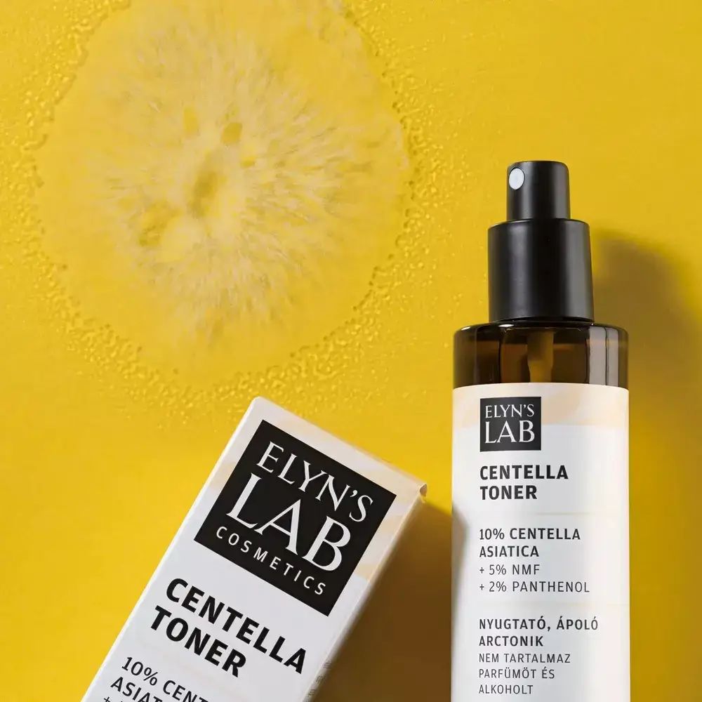 Produktflasche und Verpackung. Aufschrift: ELYN'S LAB Centella Toner. Enthält 10% Centella Asiatica, 5% NMF, 2% Panthenol.