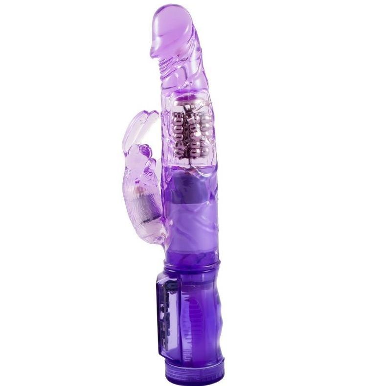 Lila Vibrator mit Kaninchenohren-Aufsatz. Transparenter Schaft mit geriffelter Oberfläche. Auf weißem Hintergrund.