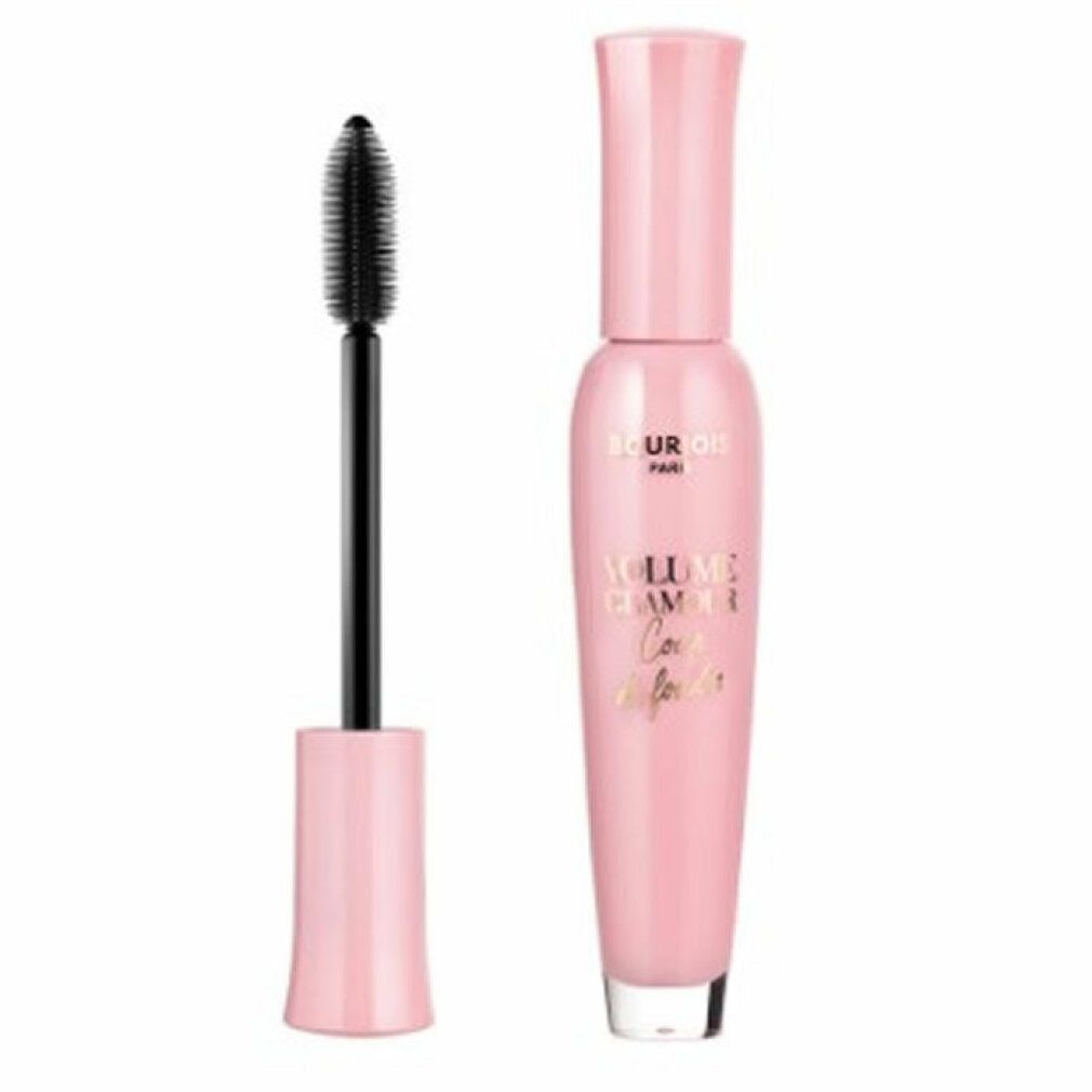 Rosa Mascara-Tube und Bürste. Aufschrift: Bourjois Volume Glamour Coup de Foudre Black. Schwarze Bürste.