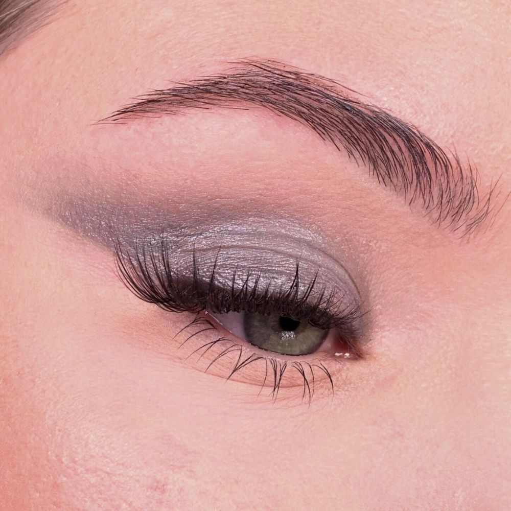 Auge mit grauem Lidschatten. Wimpern und Augenbrauen. Hautton rosa.