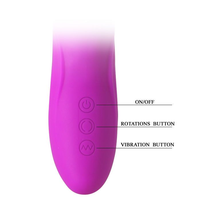 Nahaufnahme der Bedienelemente eines lila Vibrators. Beschriftung: ON/OFF, ROTATIONS BUTTON, VIBRATION BUTTON.