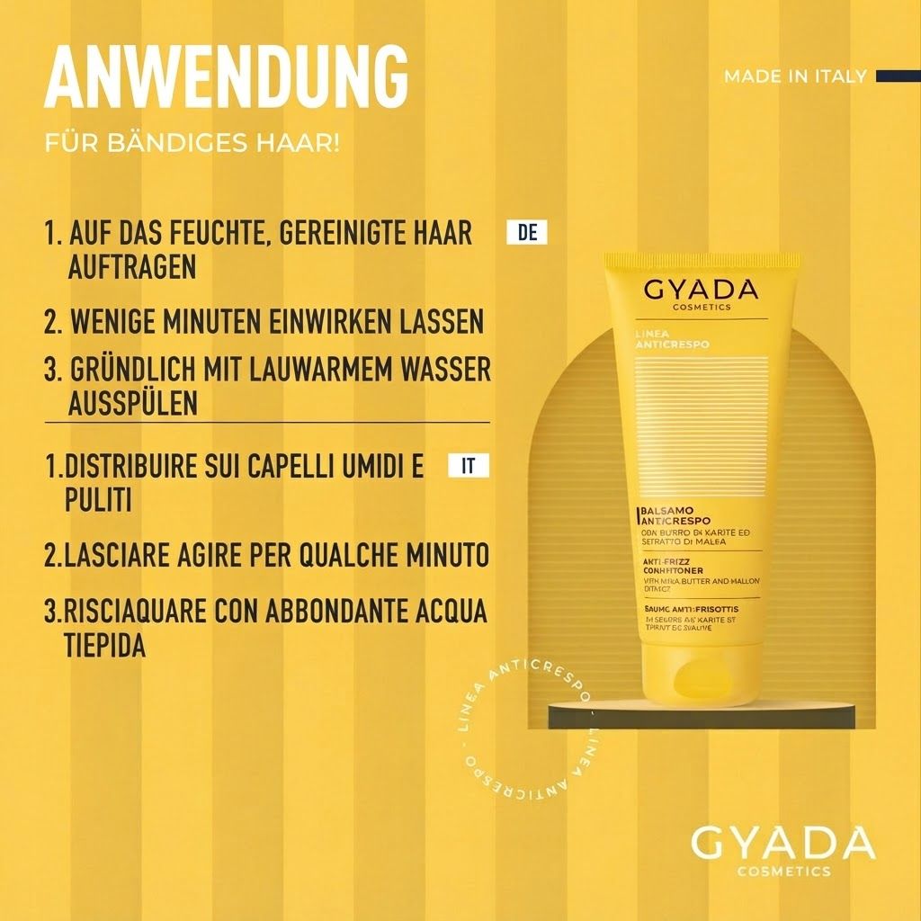 Gelbe Tube mit weißem Etikett, GYADA KOSMETIK, ANTI-FRIZZ SPÜLUNG.