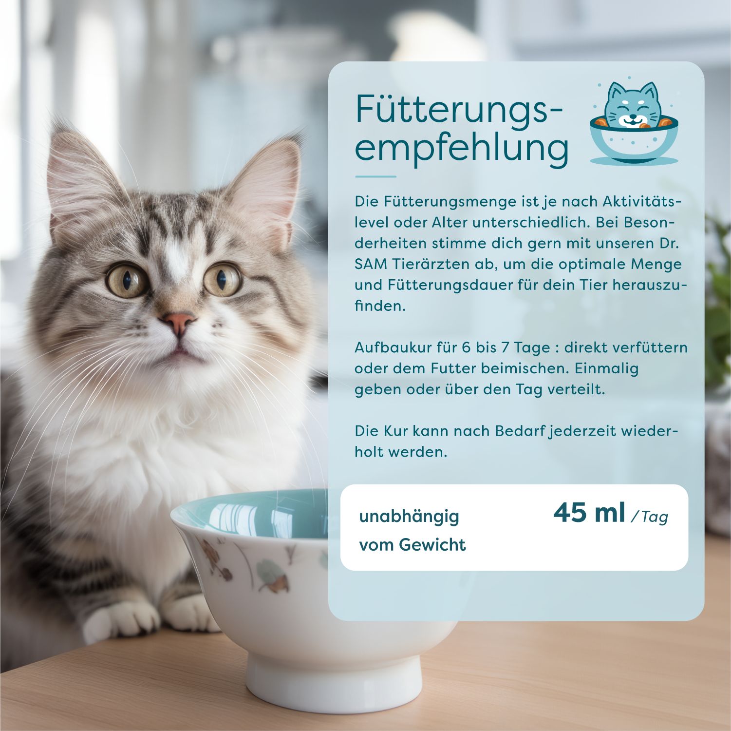 Katze mit Futternapf. Infografik: Fütterungsempfehlung, abhängig vom Gewicht, 45 ml/Tag. Aufbaukur 6-7 Tage.