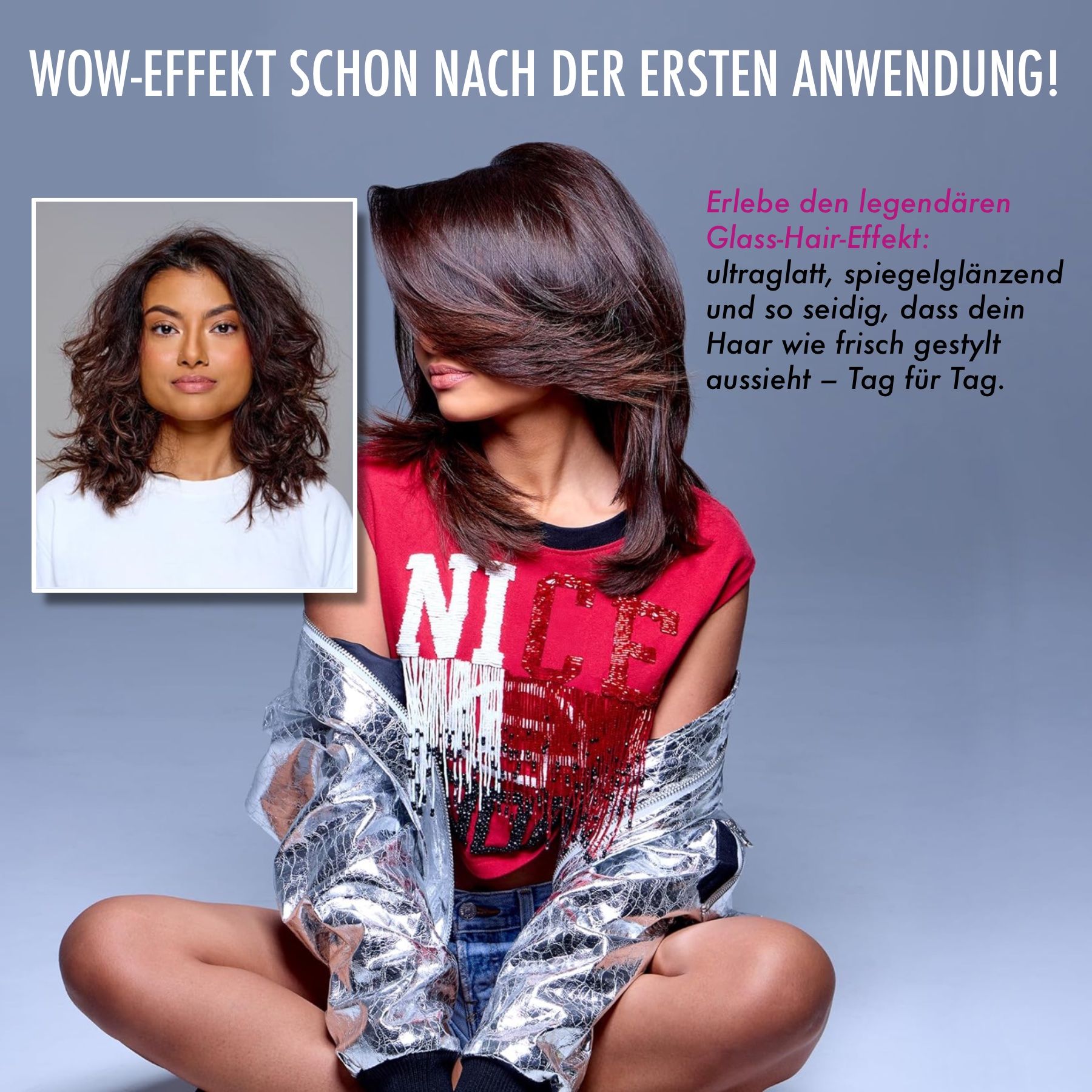 Frau mit glattem Haar neben Frau mit krausem Haar. COLOR WOW Dream Coat Spray. Produktabbildung.