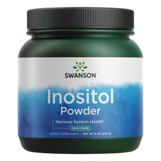 Grünes Supplement-Behälter mit schwarzem Deckel. Aufschrift: SWANSON Inositol Powder, 100% rein. Blaue und weiße Etikett.