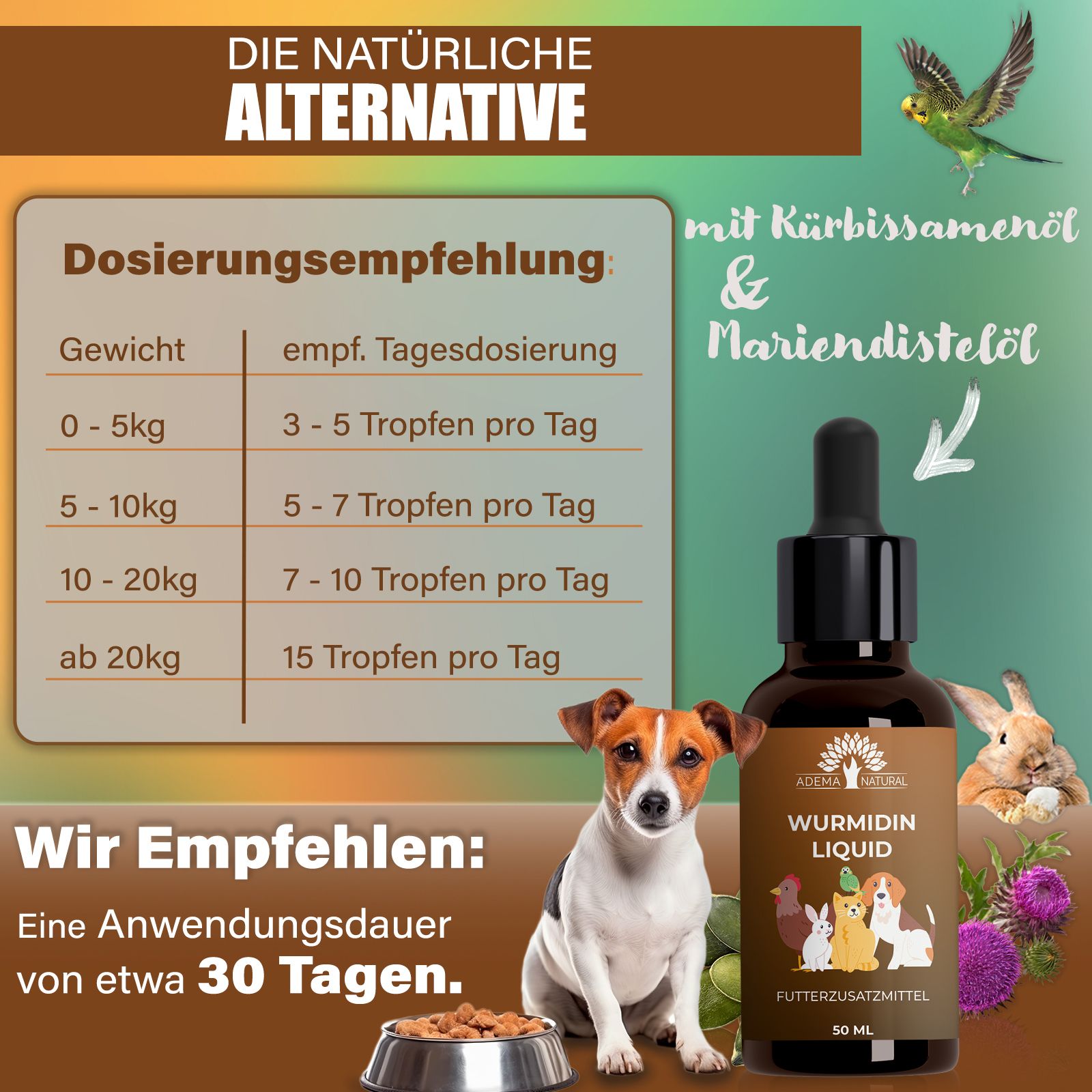 Produktflasche mit Dosierungsempfehlung. Text: Die natürliche Alternative. Mit Kürbiskernöl & Mariendistelöl. Anwendung für 30 Tage.