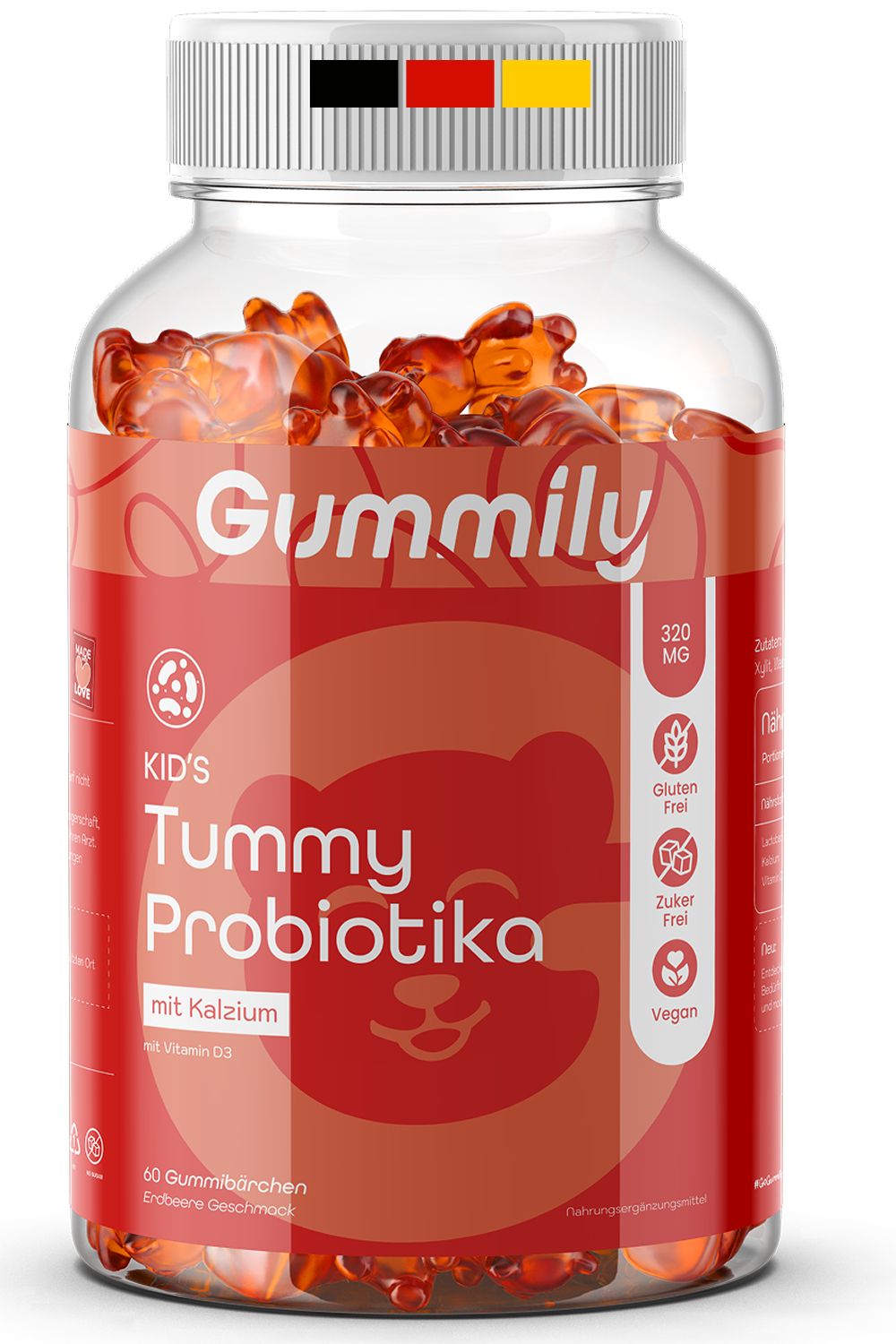 Klare Flasche mit Gummibärchen. Roter Aufkleber mit Text: Kid's Tummy Probiotika, mit Kalzium, Vitamin D3. Marke: Gummily. 60 Gummibärchen.