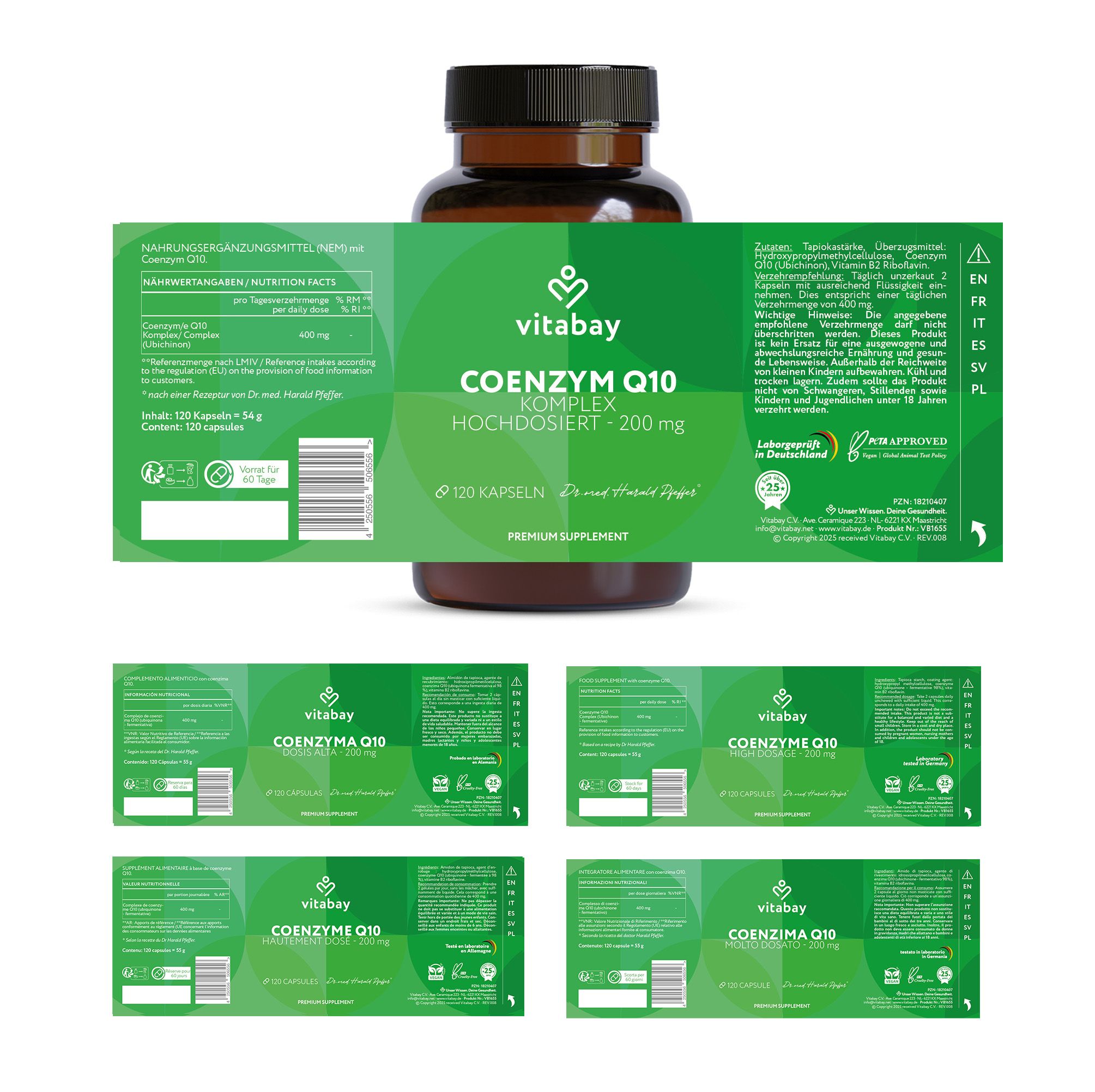 Braune Flasche mit grünem Etikett. Etikett mit Text: Coenzym Q10, hochdosiert, 200mg. Mehrere Etiketten daneben.