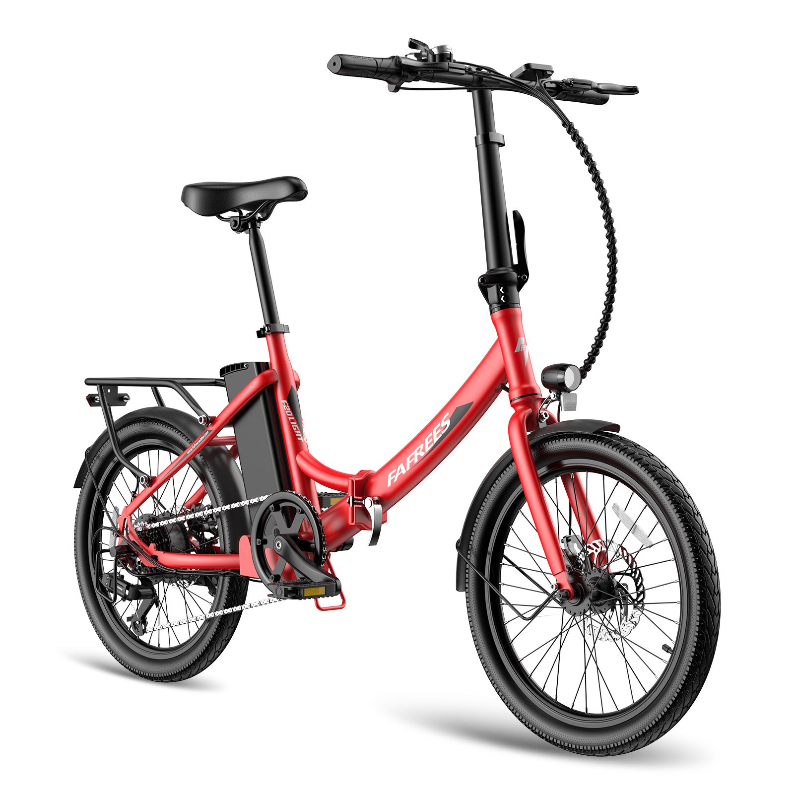 Rotes Fafrees F20Light E-Bike. Schwarze Komponenten, Gepäckträger, Kotflügel. Frontalansicht.