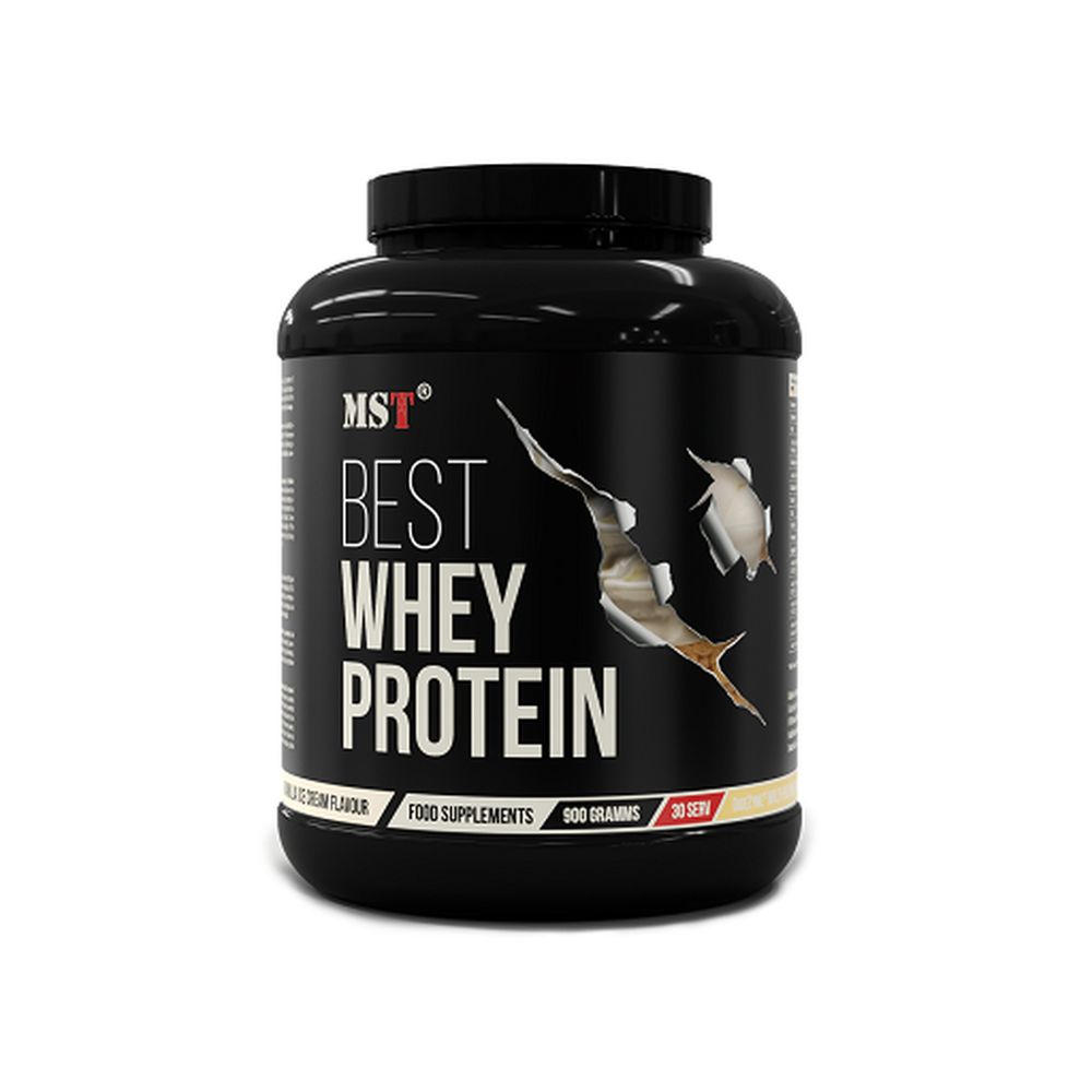 Schwarze Dose MST Best Whey Protein. Text: Best Whey Protein, 900 Gramm, 30 Portionen. Abbildung eines Fisches.