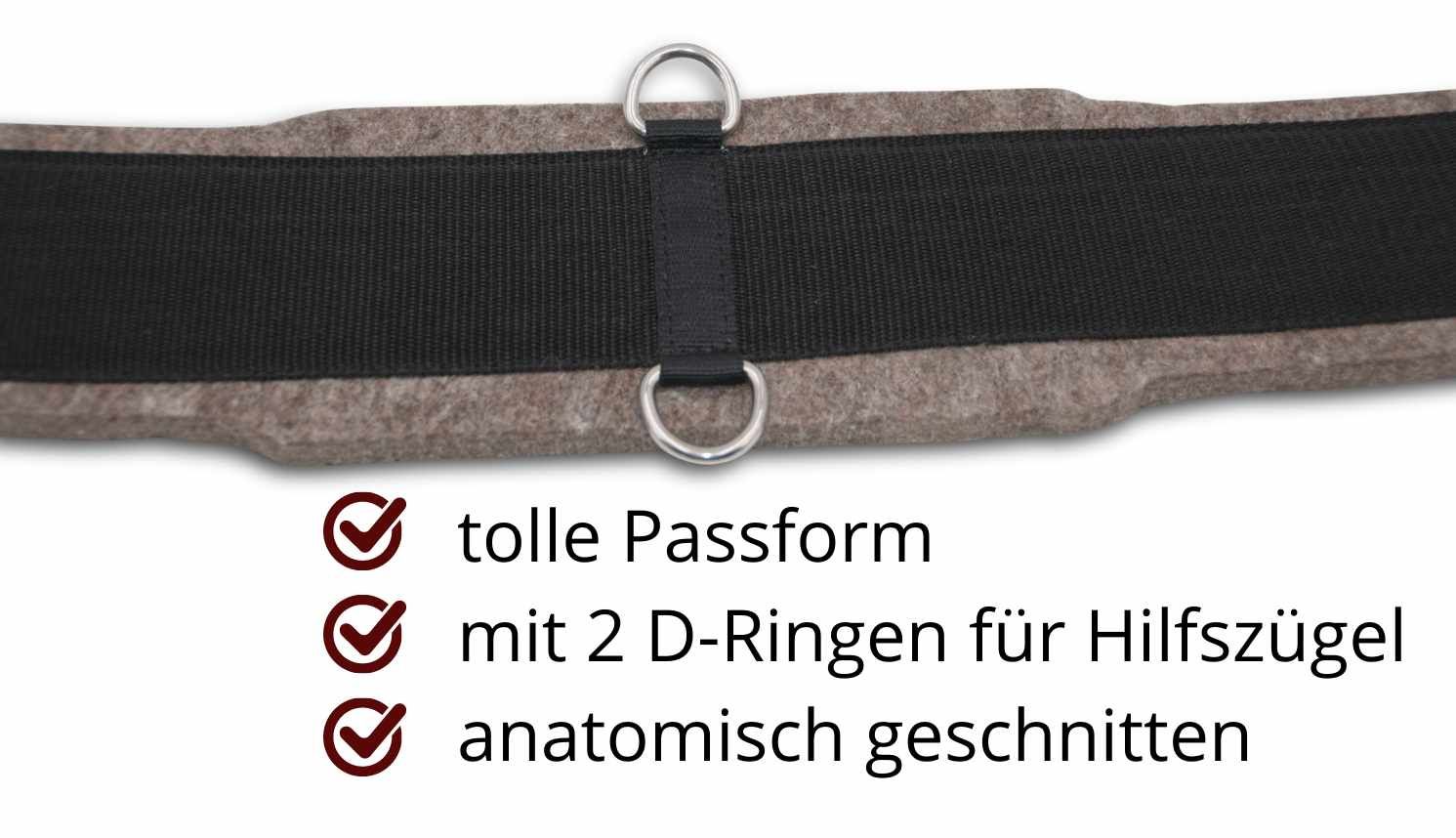 Nahaufnahme des Sattelgurts. Schwarzes Mittelteil, braune Ränder. Zwei D-Ringe. Text: tolle Passform, anatomisch geschnitten.