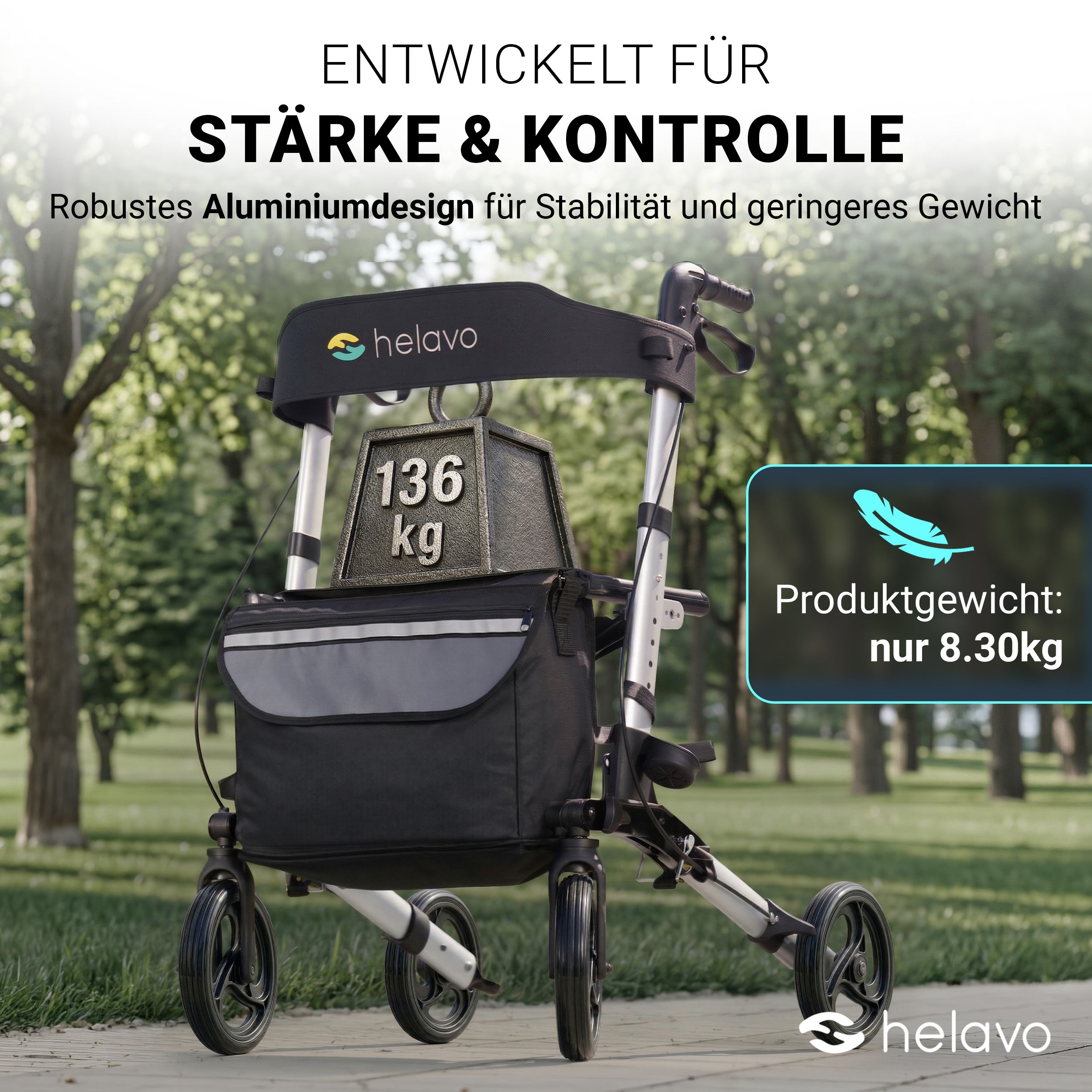 Rollator aus Aluminium mit 136 kg belastet; Produktgewicht nur 8,30 kg.