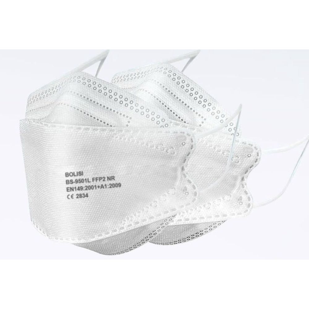 Mehrere weiße Bolisi FFP2-Masken. Aufdruck: BS-9501L FFP2 NR, EN149:2001+A1:2009, CE 2834. Masken gefaltet, mit Ohrschlaufen.