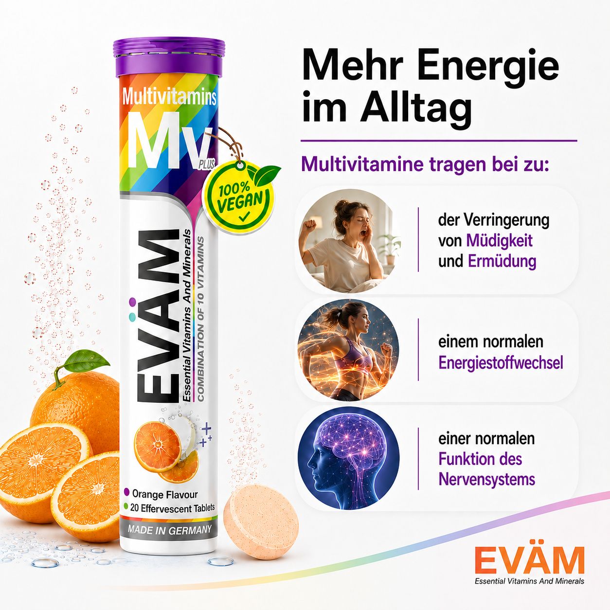 EVÄM Multivitamin Brausetabletten: Mehr Energie, normaler Energiestoffwechsel, normale Funktion des Nervensystems.