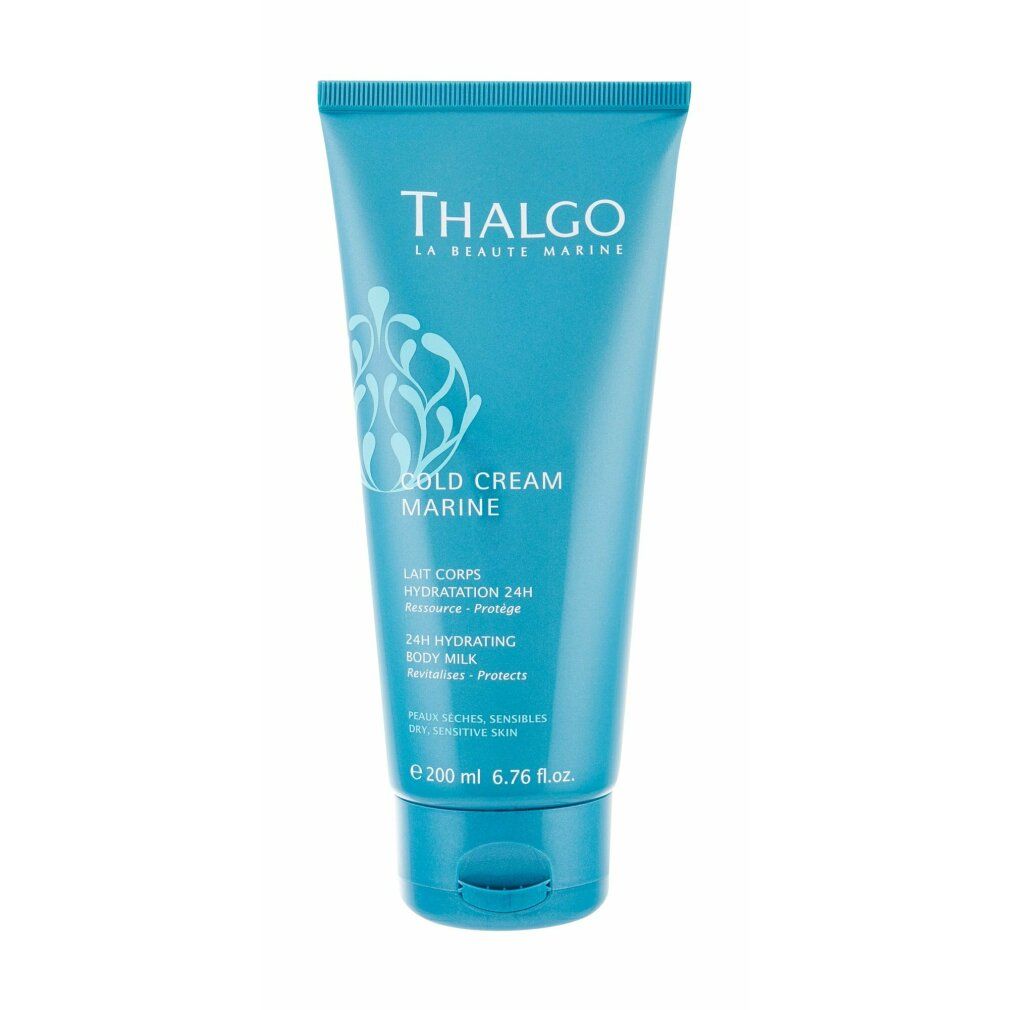 Türkisblaue Tube mit weißer Schrift. Aufschrift: THALGO, COLD CREAM MARINE, 24H Hydrating Body Milk. Für trockene, empfindliche Haut.