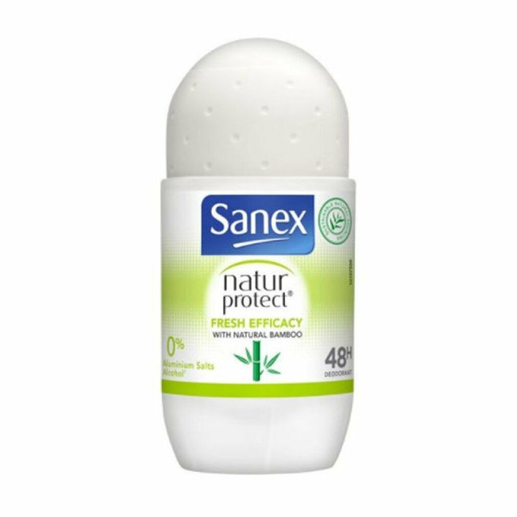 Sanex Natur Protect Roll-on-Deodorant. Weißes Gehäuse mit Roll-on-Kopf. Enthält Bambus. 48 Stunden Schutz. Ohne Aluminiumsalze.