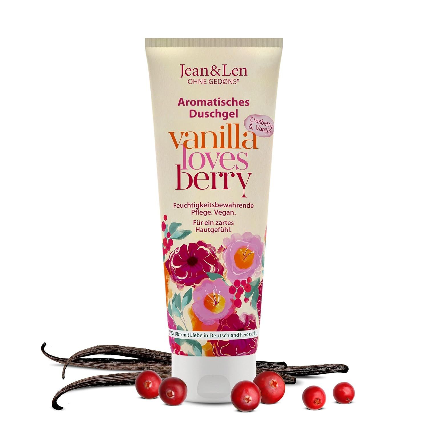 Beige Tube "Jean & Len" mit "Vanilla loves Berry". Daneben Vanilleschoten und Cranberries.