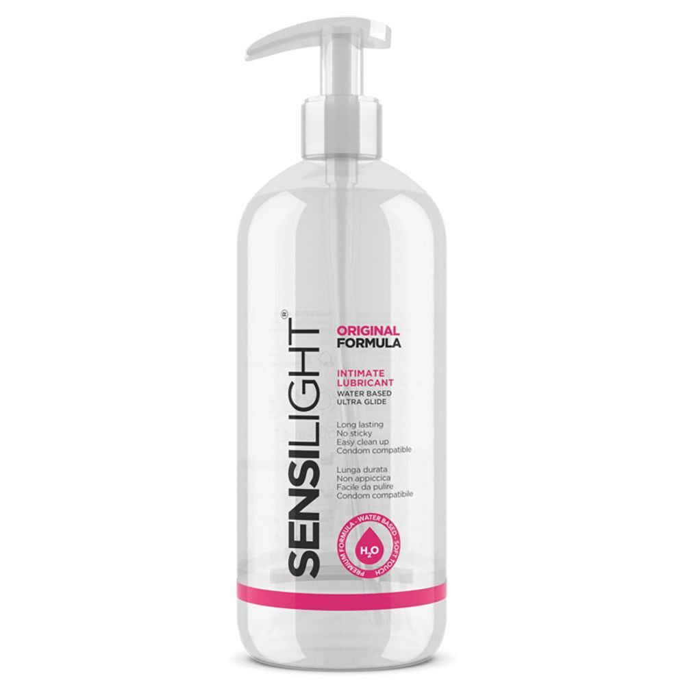 Transparente Flasche mit Dosierpumpe. Aufschrift: Sensilight Original Formula, Intim-Gleitmittel, wasserbasiert.