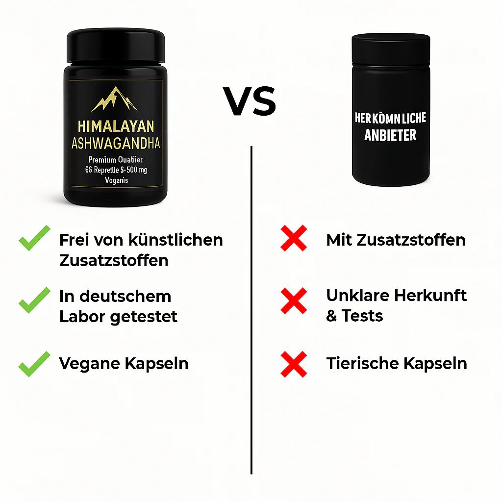 Vergleich: Himalayan Ashwagandha vs. andere Anbieter. Frei von Zusatzstoffen, in deutschem Labor getestet, vegane Kapseln.