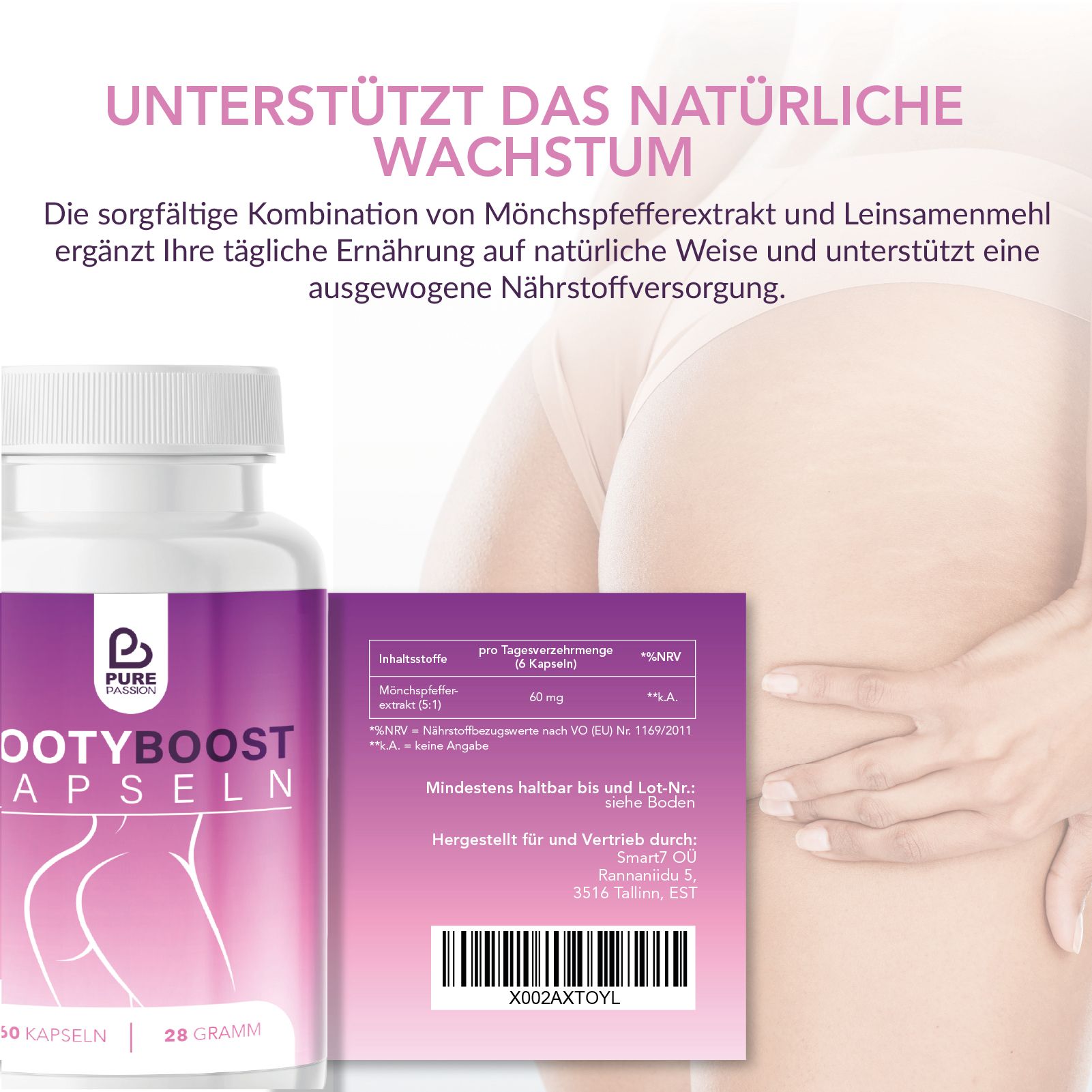 Pillenbehälter mit lila Etikett, Pure Passion Logo, Bootyboost Kapseln. Daneben eine Tabelle mit Inhaltsstoffen und ein Barcode.