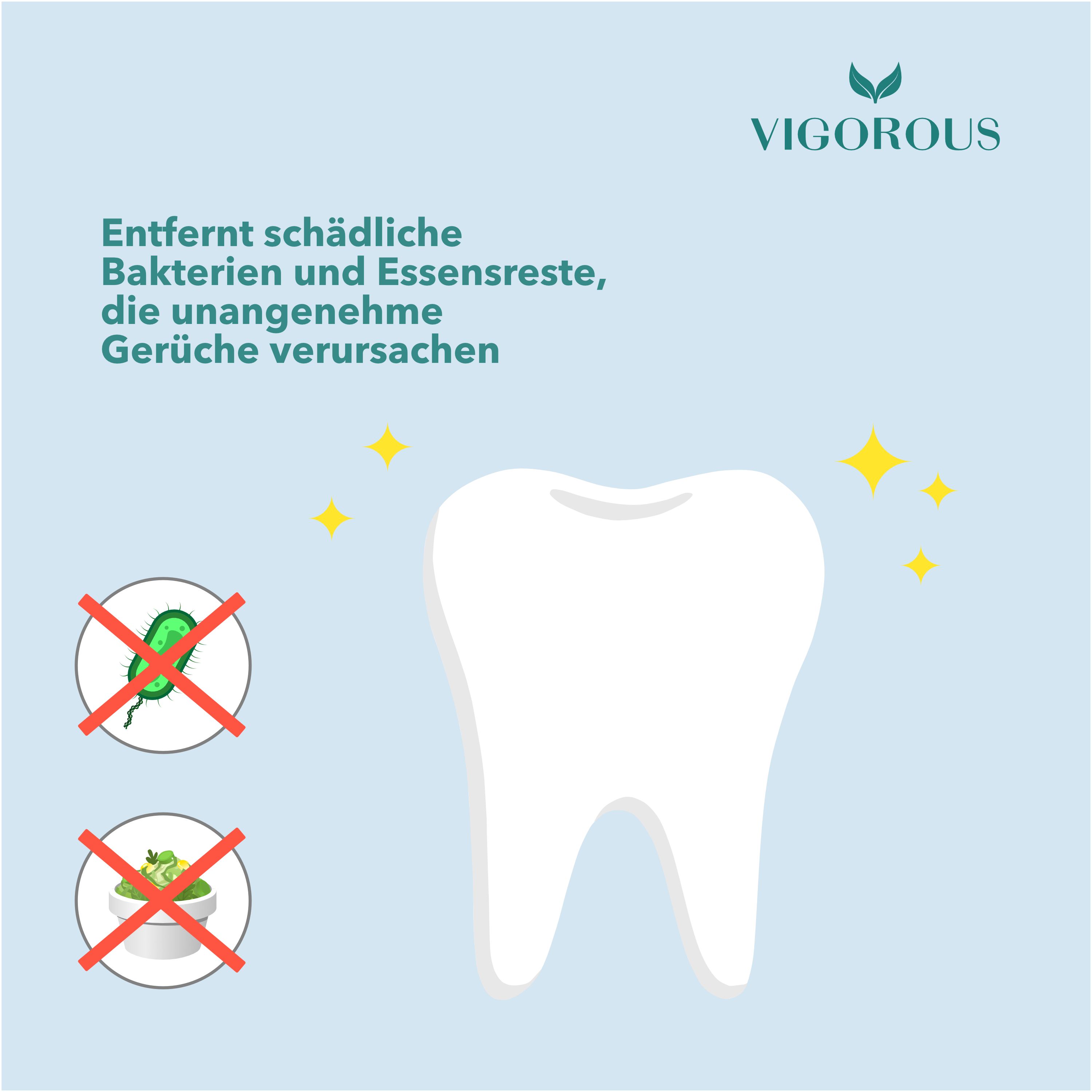 Illustration eines Zahns. Text: Entfernt schädliche Bakterien und Essensreste, die unangenehme Gerüche verursachen. Logo: VIGOROUS.