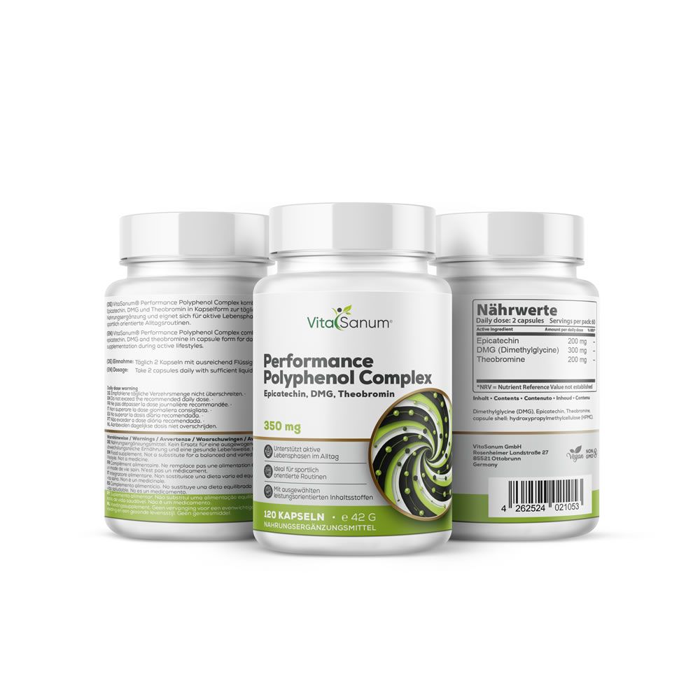 Drei Flaschen VitalSanum Performance Polyphenol Complex mit 350 mg pro Kapsel.