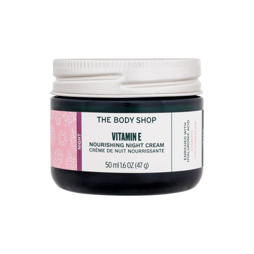 Dunkelgrünes Glas mit silbernem Deckel. Aufschrift: Vitamin E Night Nourishing Cream. 50 ml. Mit Hyaluronsäure angereichert.