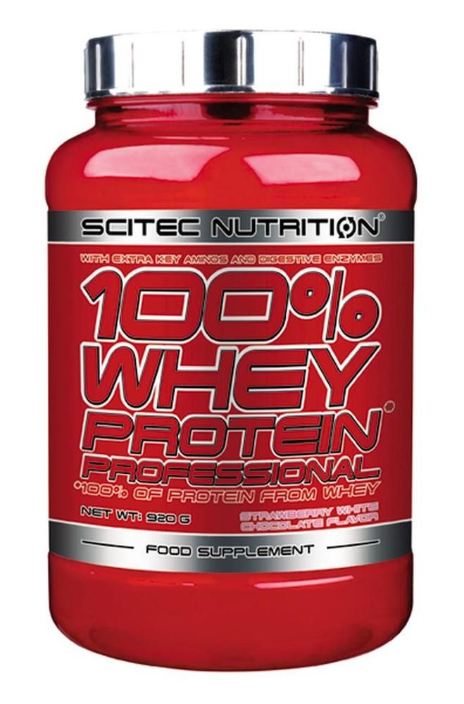 Rote Dose Scitec Nutrition 100% Whey Protein Professional. Mit silbernem Deckel. Erdbeer-Weiße Schokolade.