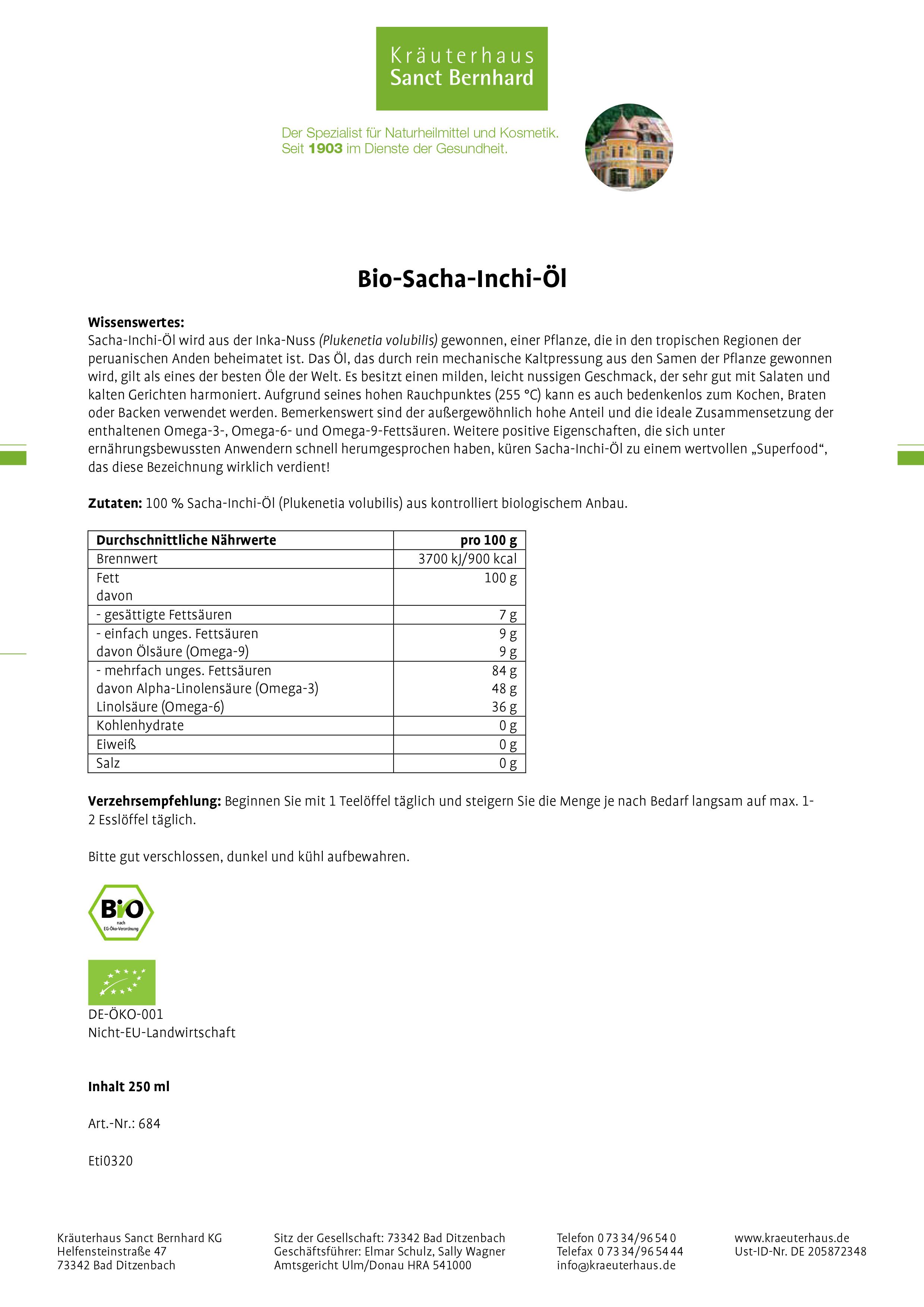 Weißes Blatt mit Text und Nährwerttabelle. Bio-Siegel und Produktname. Enthält Informationen zu Inhaltsstoffen und Empfehlungen.