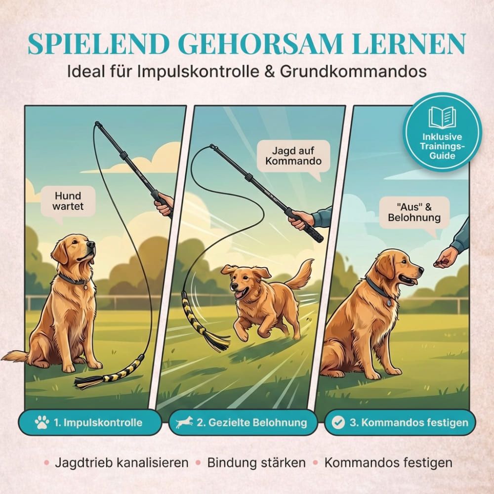 Drei Hunde trainieren mit Reizangel. Text: Spielend Gehorsam lernen. Jagd auf Kommando, gezielte Belohnung, Kommandos festigen. Inkl. Trainings-Guide.