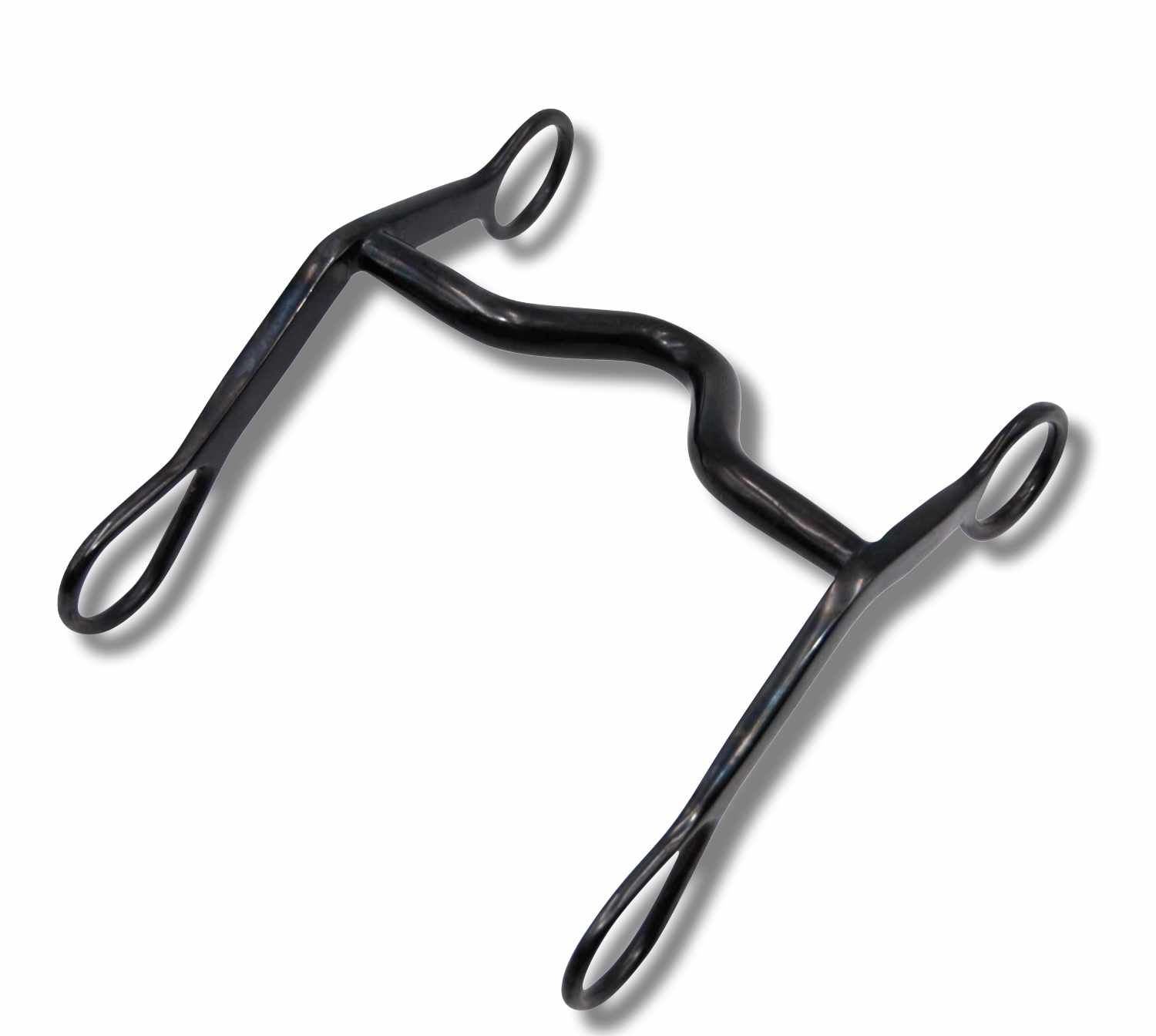 Schwarzes Metallgebiss mit geschwungener Form und ringförmigen Enden.