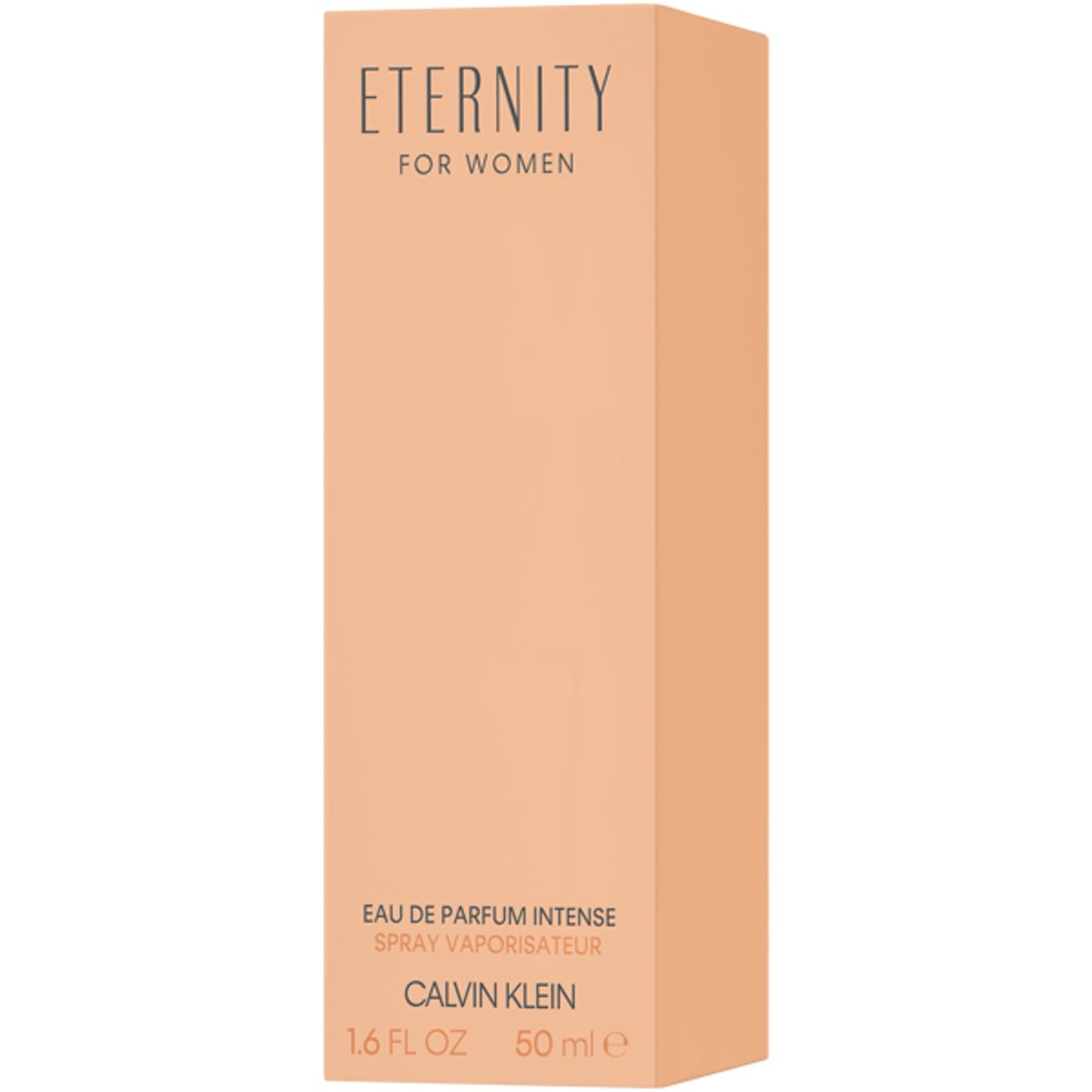 Beige rechteckige Verpackung. Aufschrift: Eternity for Women, Eau de Parfum Intense, Calvin Klein, 1.6 FL OZ, 50 ml.