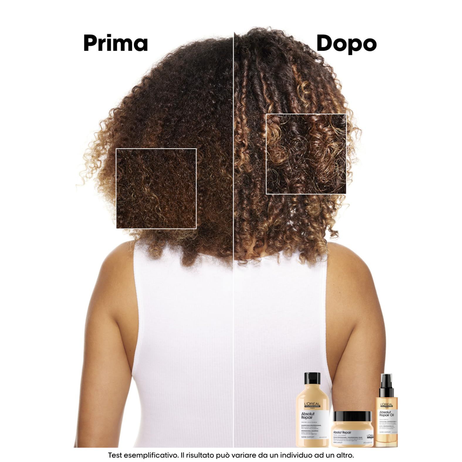 Vorher-Nachher-Vergleich von lockigem Haar. L'Oréal Professionnel Absolut Repair Produkte unten.