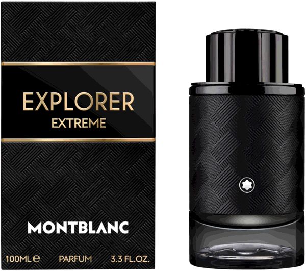 Schwarzer Flakon und Verpackung. Aufschrift EXPLORER EXTREME und MONTBLANC. Flakon mit schwarzem Deckel und silbernem Logo.