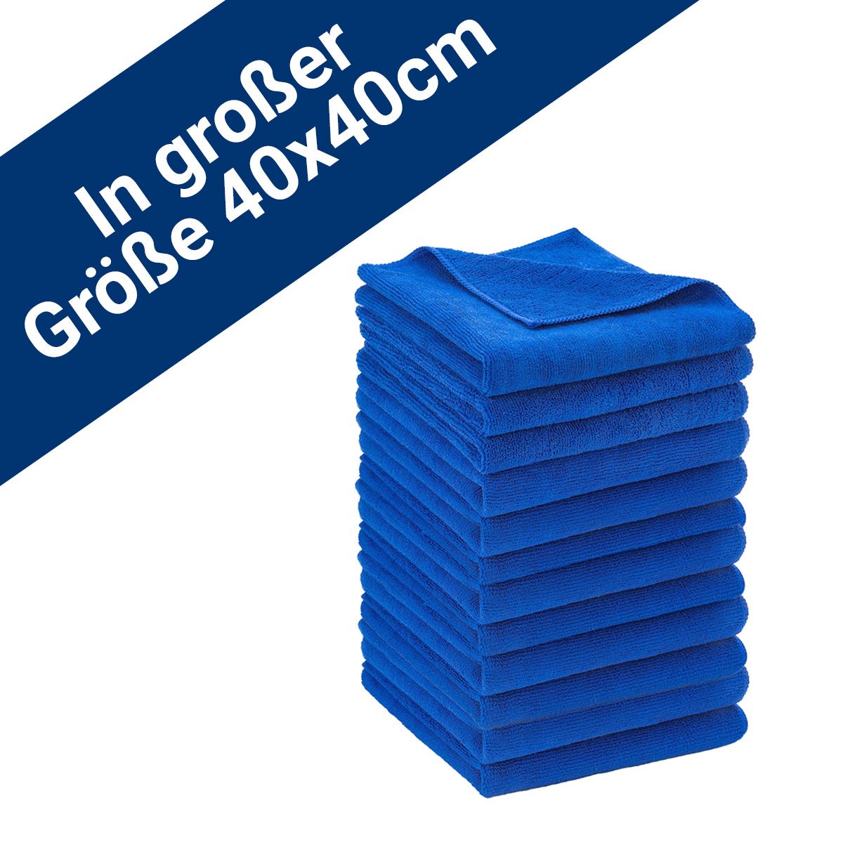 Stapel blauer Mikrofasertücher. Text: In großer Größe 40x40cm.