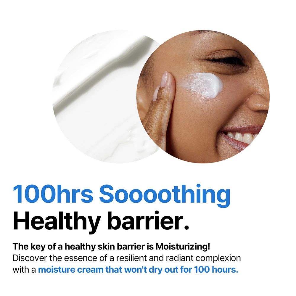 Nahaufnahme einer Person, die Creme auf die Haut aufträgt. Text: "100hrs Soooothing Healthy barrier." und "Moisturizing!"