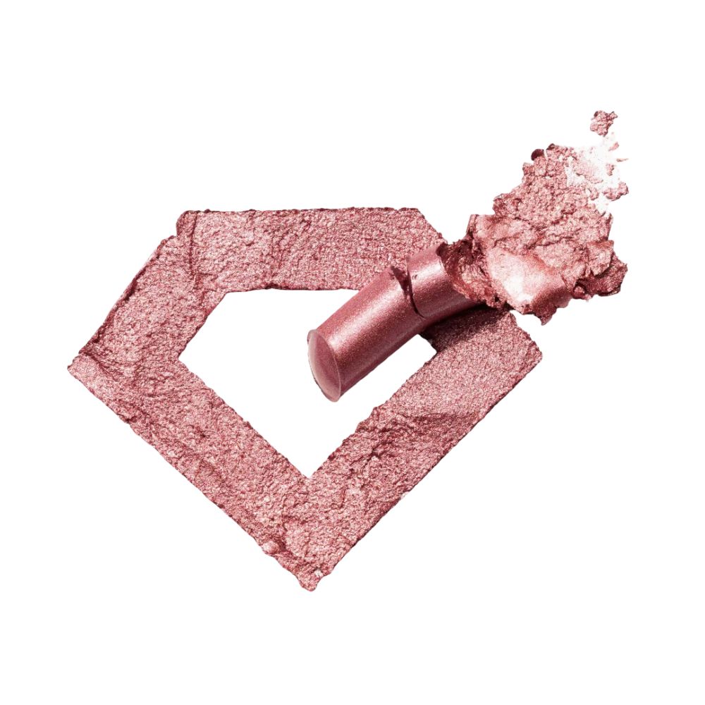 Rosafarbener Lidschatten in Diamantenform. Daneben der Eyeshadow Stick mit rosafarbenem Stift.