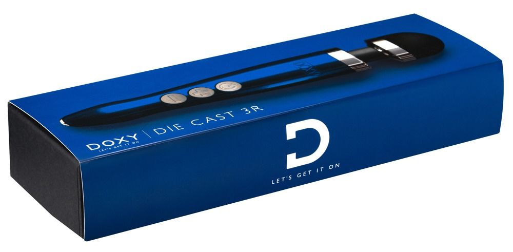 Blau-schwarze Produktverpackung. Aufschrift DOXY | DIE CAST 3R. Großes weißes D-Logo. Text: LET'S GET IT ON.