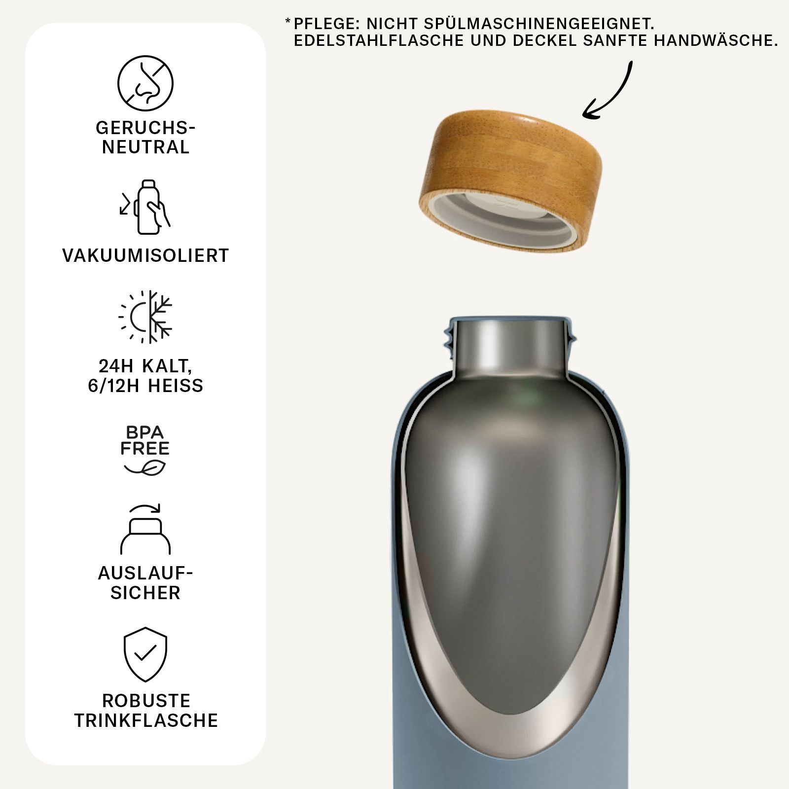 Edelstahl Trinkflasche mit Holzdeckel. Vakuumisoliert, 24h kalt/12h heiß, BPA-frei, auslaufsicher.