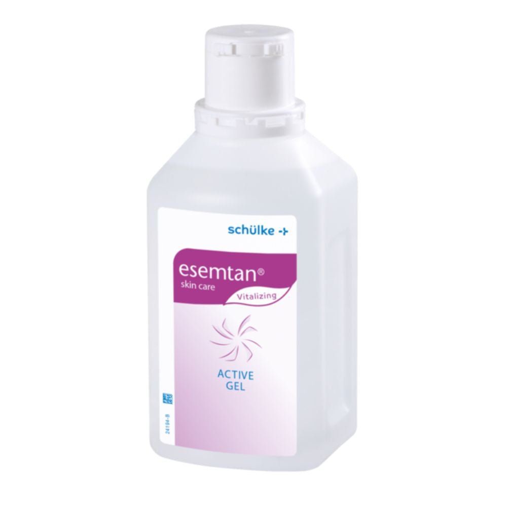 Flasche mit weißem Verschluss und Etikett. Auf dem Etikett steht "esemtan skin care" und "ACTIVE GEL". Marke: schülke +.