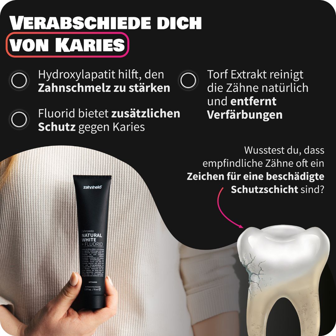 Zahnheld Zahnpasta Tube in Hand, daneben ein Zahn mit Karies, der die Anti-Karies-Wirkung zeigt.