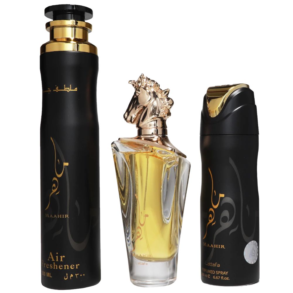 Lattafa - Maahir Geschenkset -100 ml Eau de Parfum - 200 ml Deodorant - 300 ml Lufterfrischer