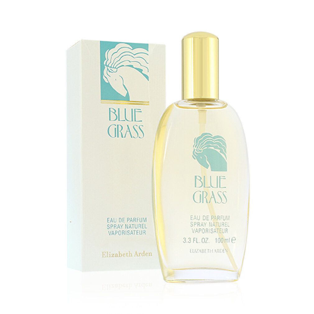 Glasflakon und Schachtel. Flakon mit goldenem Deckel, Aufschrift "BLUE GRASS". Text: Eau de Parfum, Spray Naturel, Vaporisateur. Marke: Elizabeth Arden.
